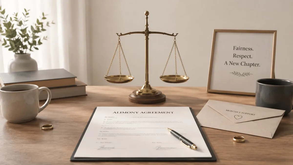 Alimony agreement on a desk with scales of justice and a Monthly Support envelope